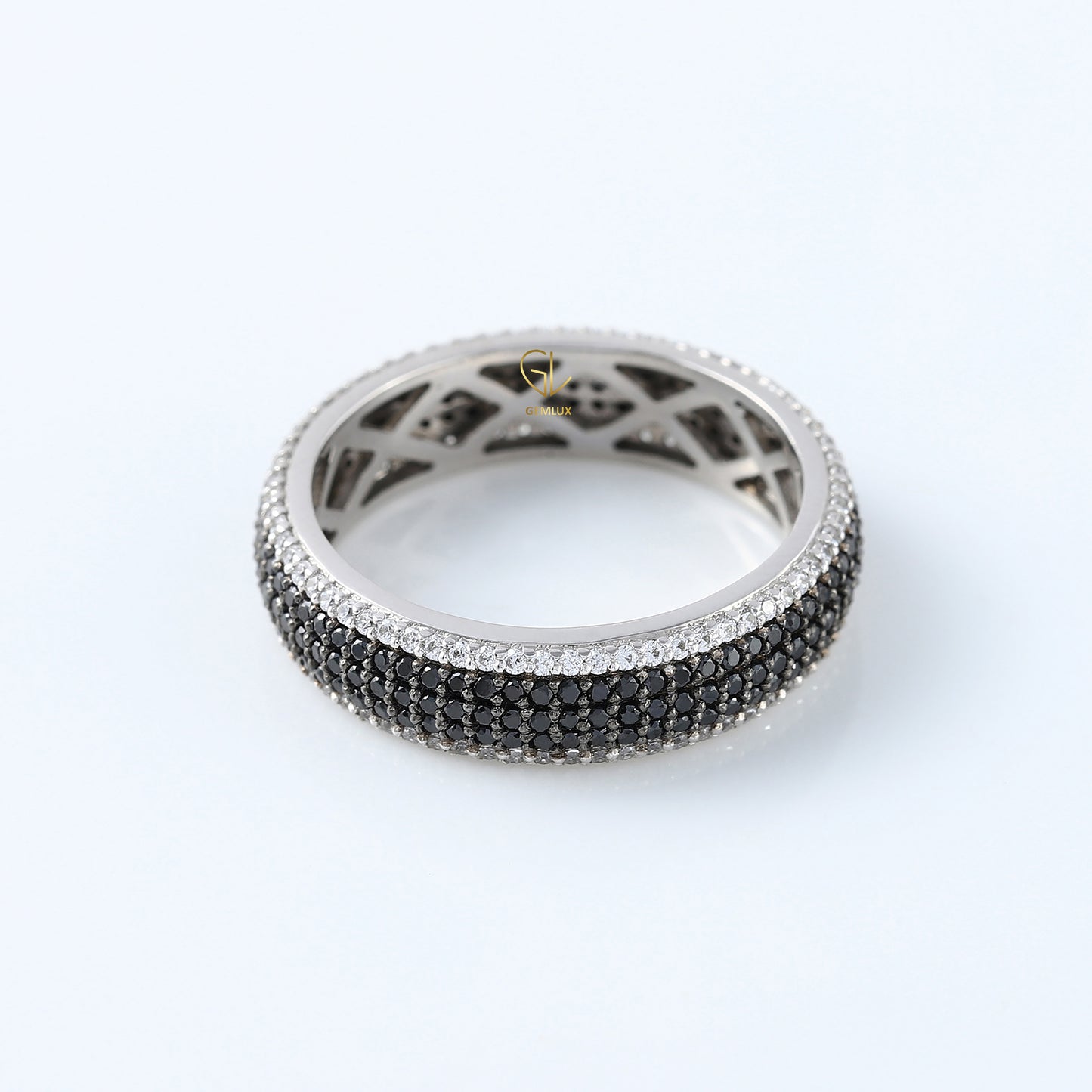 Black & White Round Cut Moissanite Diamond Eternity Wedding Band, Day & Night Band