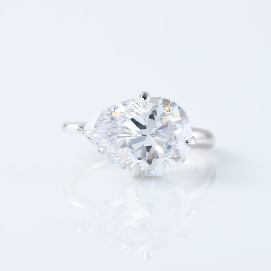 East To West Pear Cut Moissanite Diamond Hidden Halo Engagement Ring