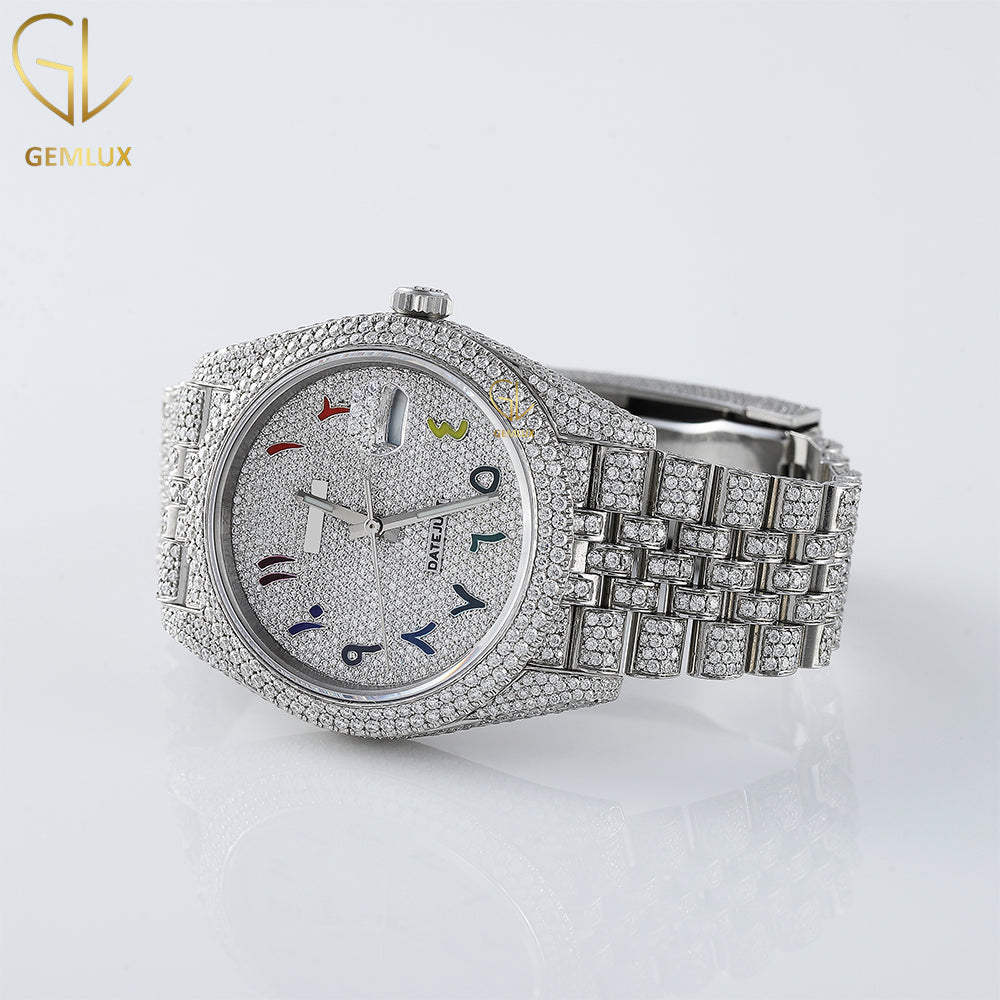 Iced Out VVS Moissanite Diamond Rainbow Arabic Dial Hiphop Wrist Watch