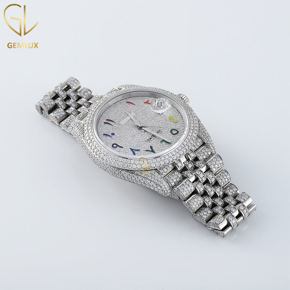 Iced Out VVS Moissanite Diamond Rainbow Arabic Dial Hiphop Wrist Watch