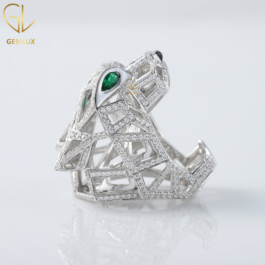 Green Emerald Eye Iced Out Moissanite Diamond Hip Hop Style Panther Ring