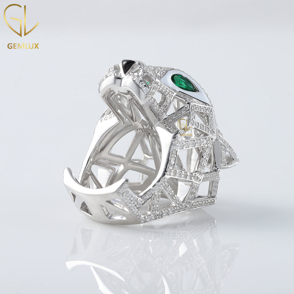 Green Emerald Eye Iced Out Moissanite Diamond Hip Hop Style Panther Ring