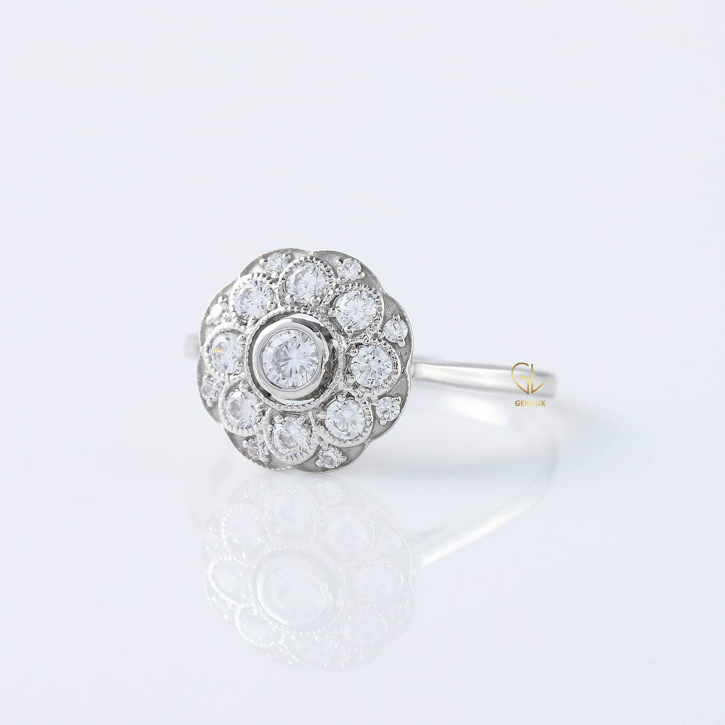 Art Deco Round Cut Moissanite Diamond Bezel Set Floral Halo Engagement Ring