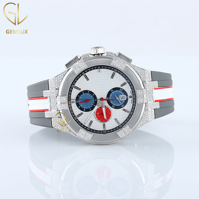 Chronograph Moissanite Diamond Rubber Strap Hip Hop Watch For Men