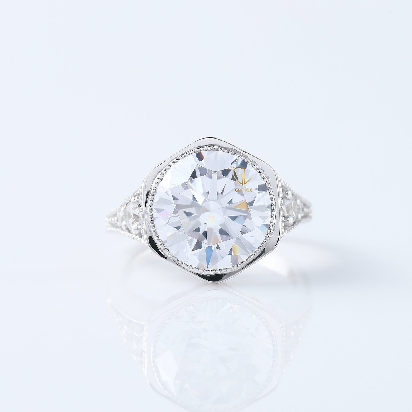 Art Deco Round Cut Moissanite Diamond Bezel Set Milgrain Engagement Ring