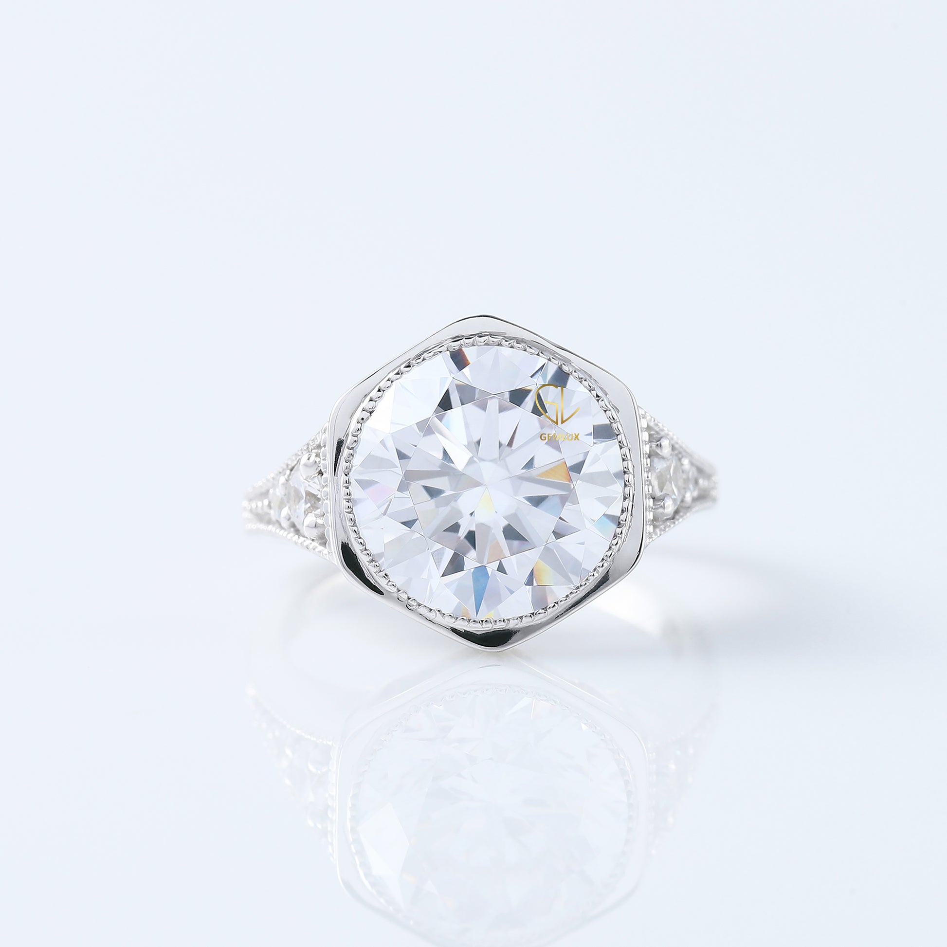 Art Deco Round Cut Moissanite Diamond Bezel Set Milgrain Engagement Ring