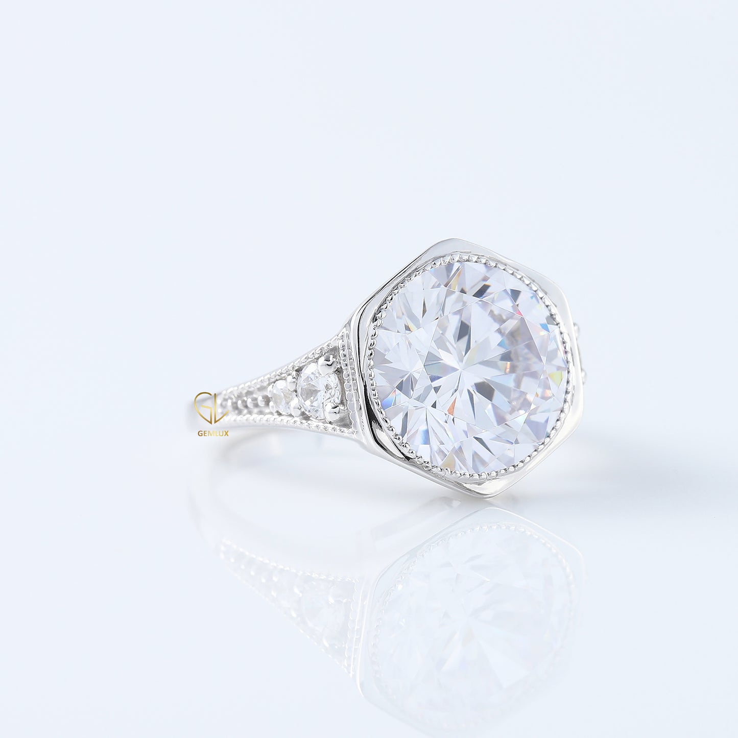 Art Deco Round Cut Moissanite Diamond Bezel Set Milgrain Engagement Ring