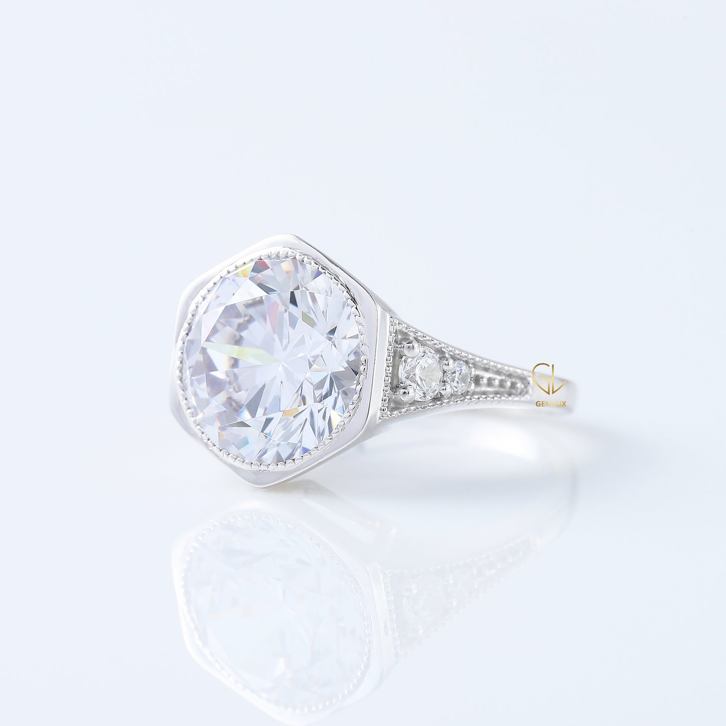 Art Deco Round Cut Moissanite Diamond Bezel Set Milgrain Engagement Ring