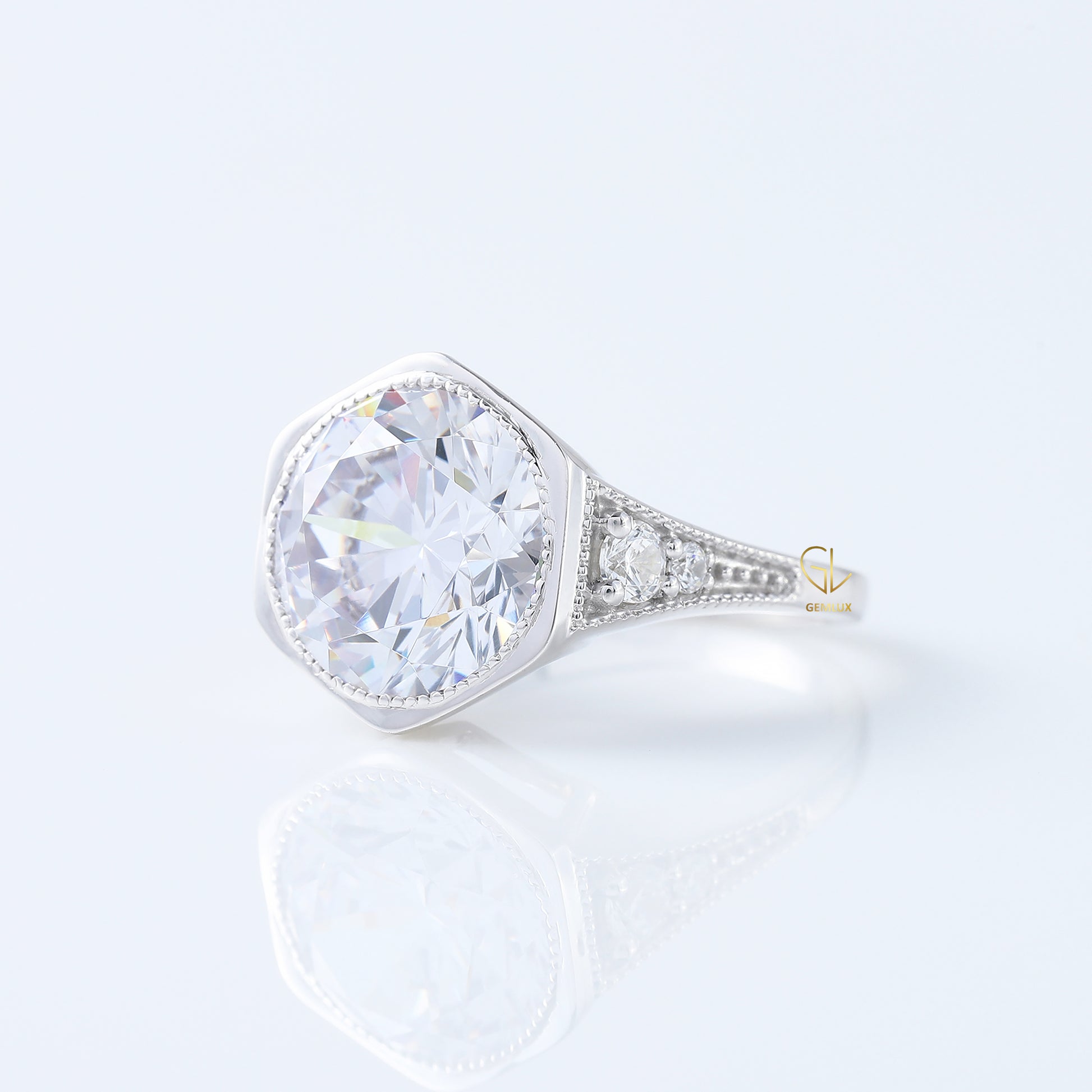 Art Deco Round Cut Moissanite Diamond Bezel Set Milgrain Engagement Ring