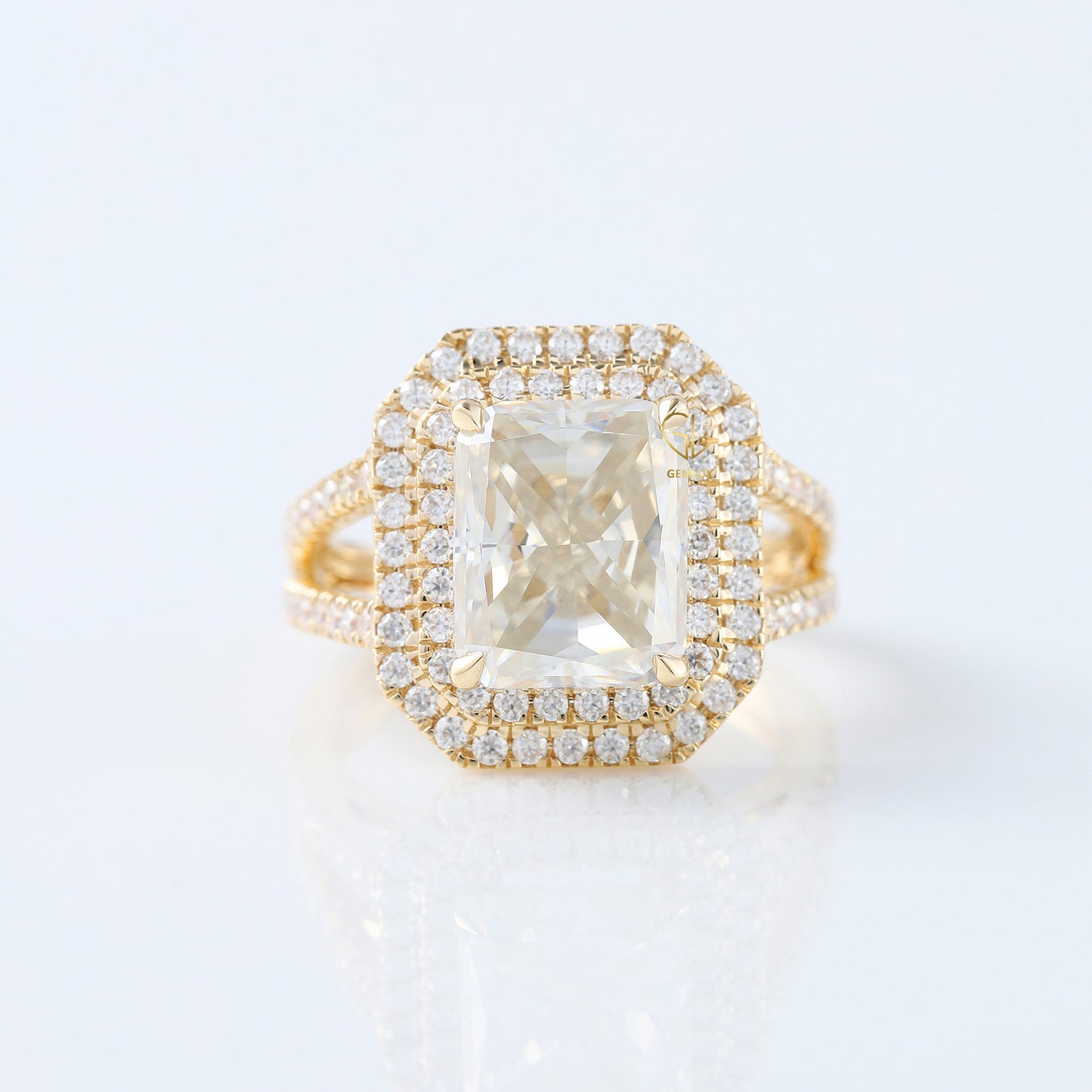 IGI Certified Radiant Cut Lab Grown Diamond Split Shank Double Halo Engagement Ring