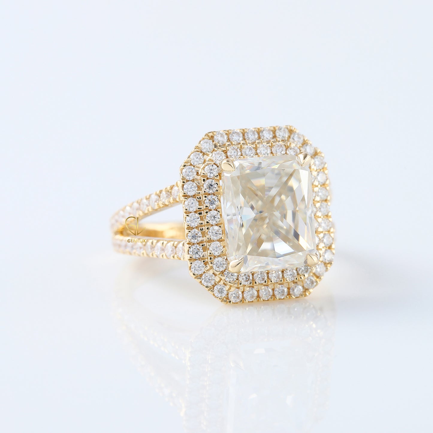 IGI Certified Radiant Cut Lab Grown Diamond Split Shank Double Halo Engagement Ring