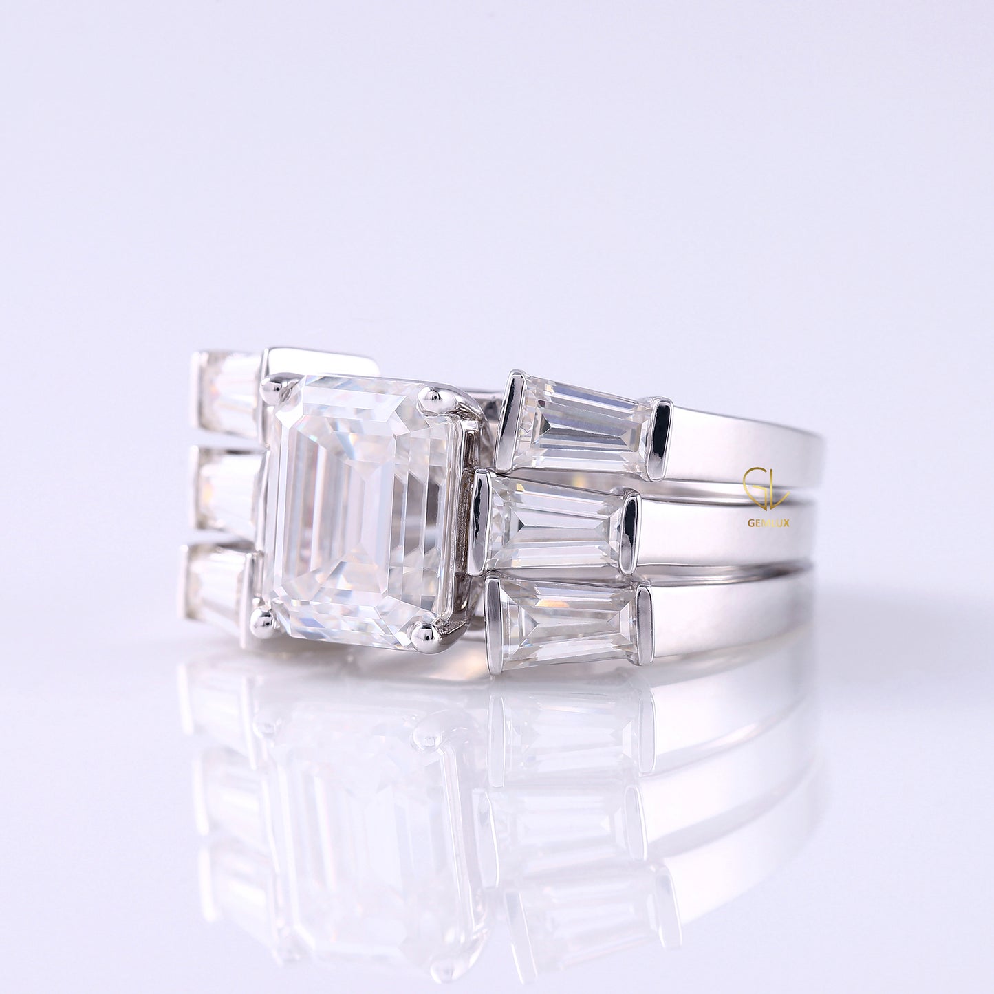 Three Stone Emerald Cut Moissanite Trio Ring Set