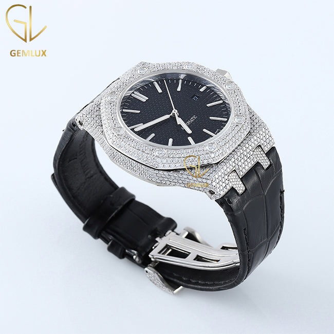 Pass Diamond Tester Moissanite Diamond Black Leather Strap Watch