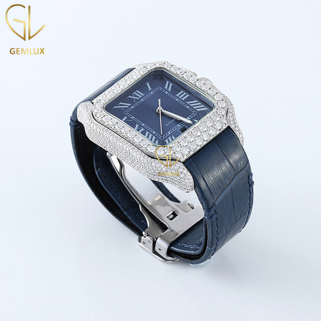 Roman Square Blue Dial Moissanite Diamond Leather Strap Watch
