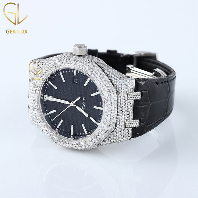 Pass Diamond Tester Moissanite Diamond Black Leather Strap Watch