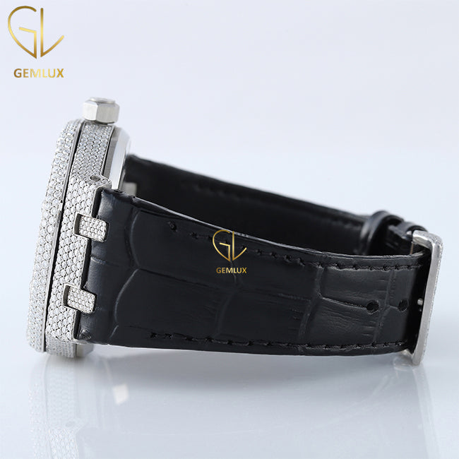 Pass Diamond Tester Moissanite Diamond Black Leather Strap Watch