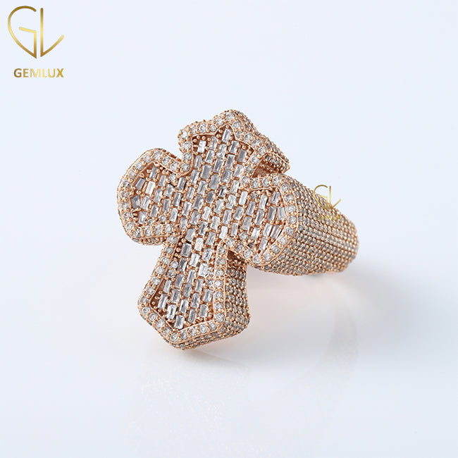 Iced Out Baguette Cut Moissanite Cross Ring, Rose Gold Cross Hiphop Ring For Men