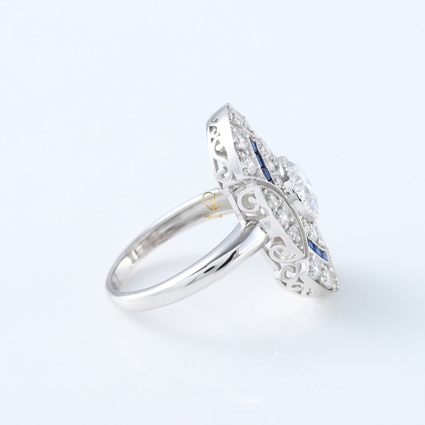 Art Deco Round Cut Moissanite Bezel Set Engagement Ring