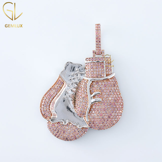 Iced Out Pink Diamond Boxing Gloves Hiphop Pendant