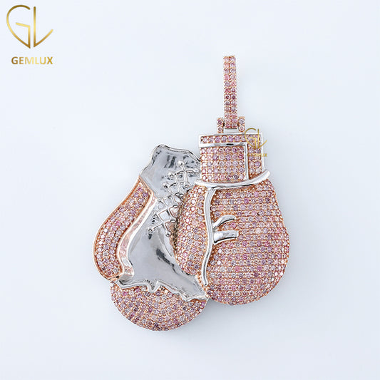 Iced Out Pink Diamond Boxing Gloves Hiphop Pendant