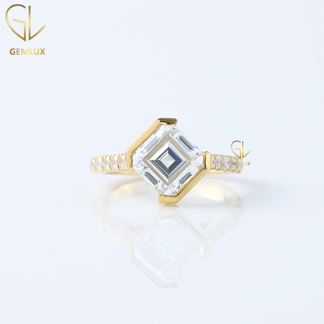 Asscher Cut Moissanite Half Bezel Set Engagement Ring