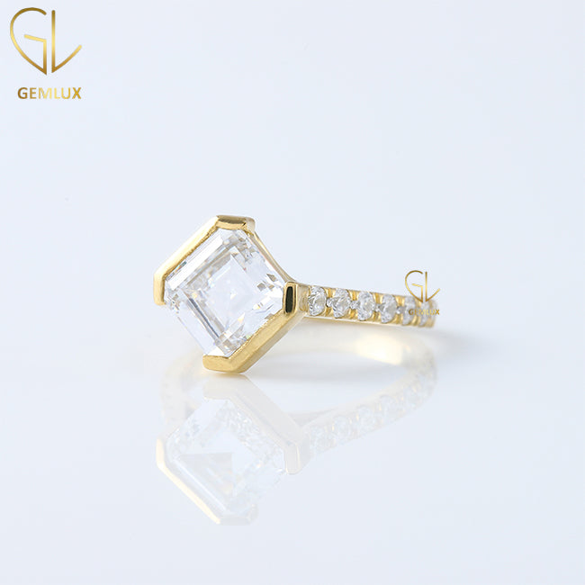 Asscher Cut Moissanite Half Bezel Set Engagement Ring
