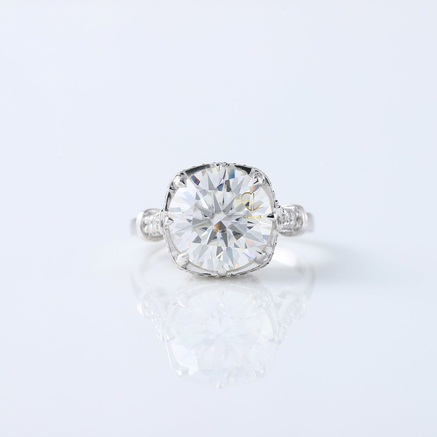Art Deco Round Cut Moissanite Diamond Hidden Halo Engagement Ring