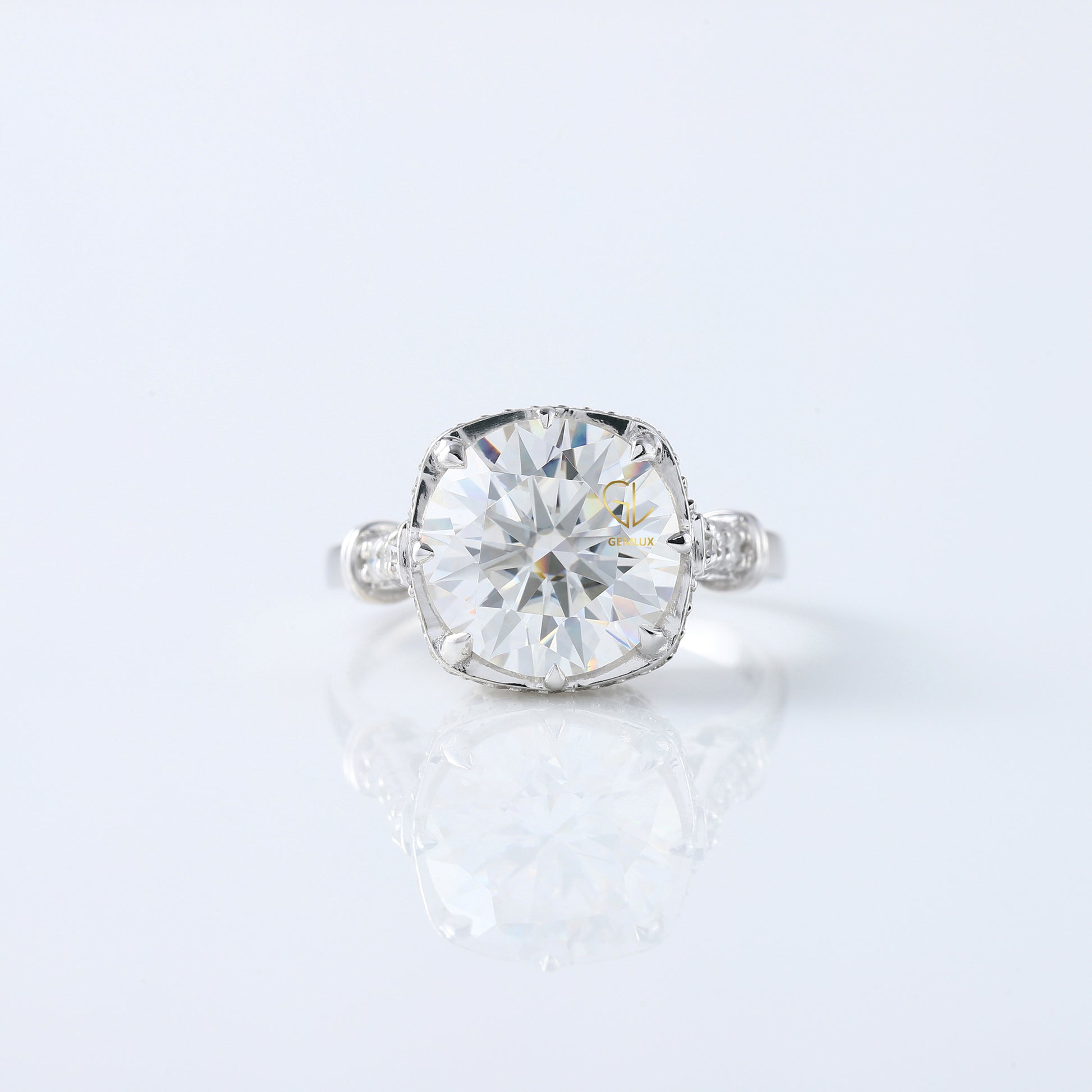 Art Deco Round Cut Moissanite Diamond Hidden Halo Engagement Ring