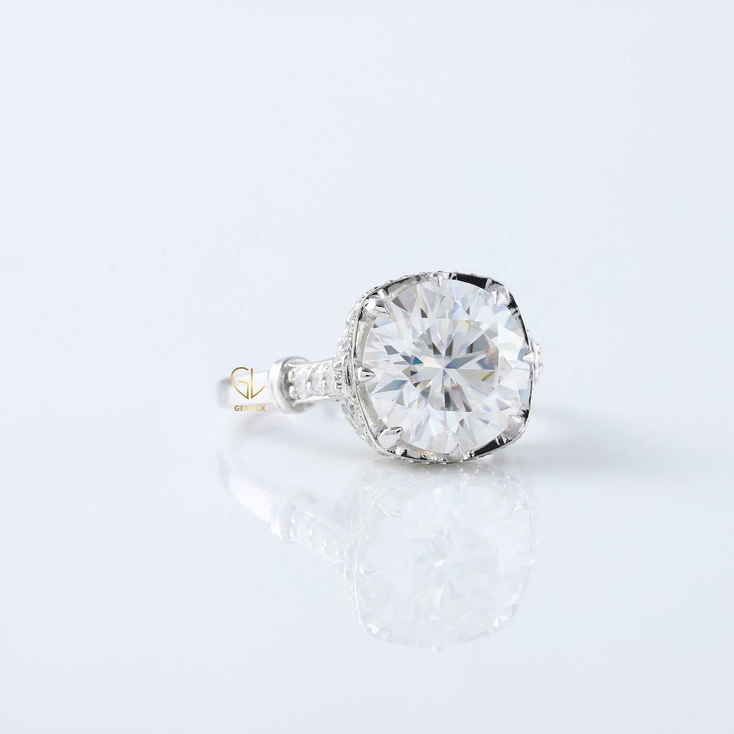 Art Deco Round Cut Moissanite Diamond Hidden Halo Engagement Ring