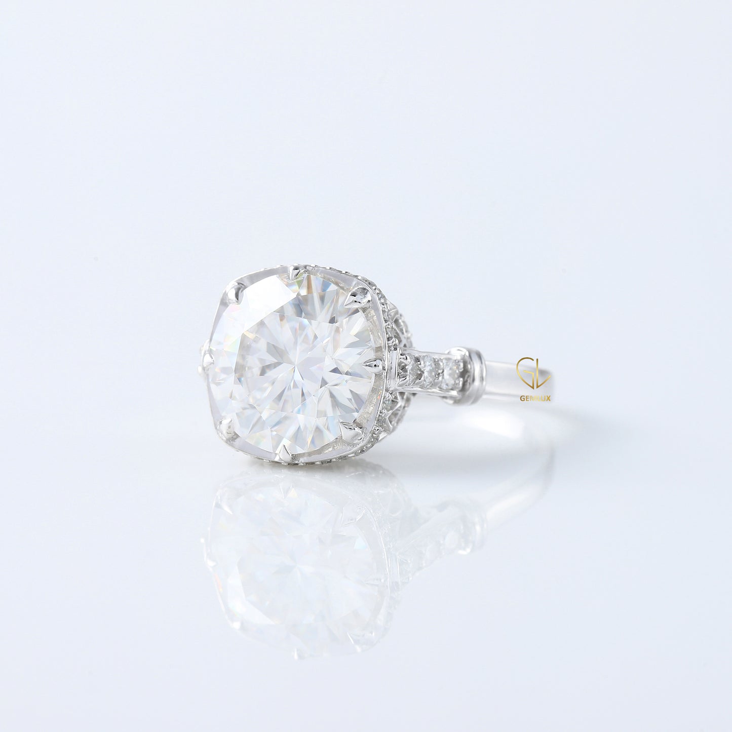 Art Deco Round Cut Moissanite Diamond Hidden Halo Engagement Ring