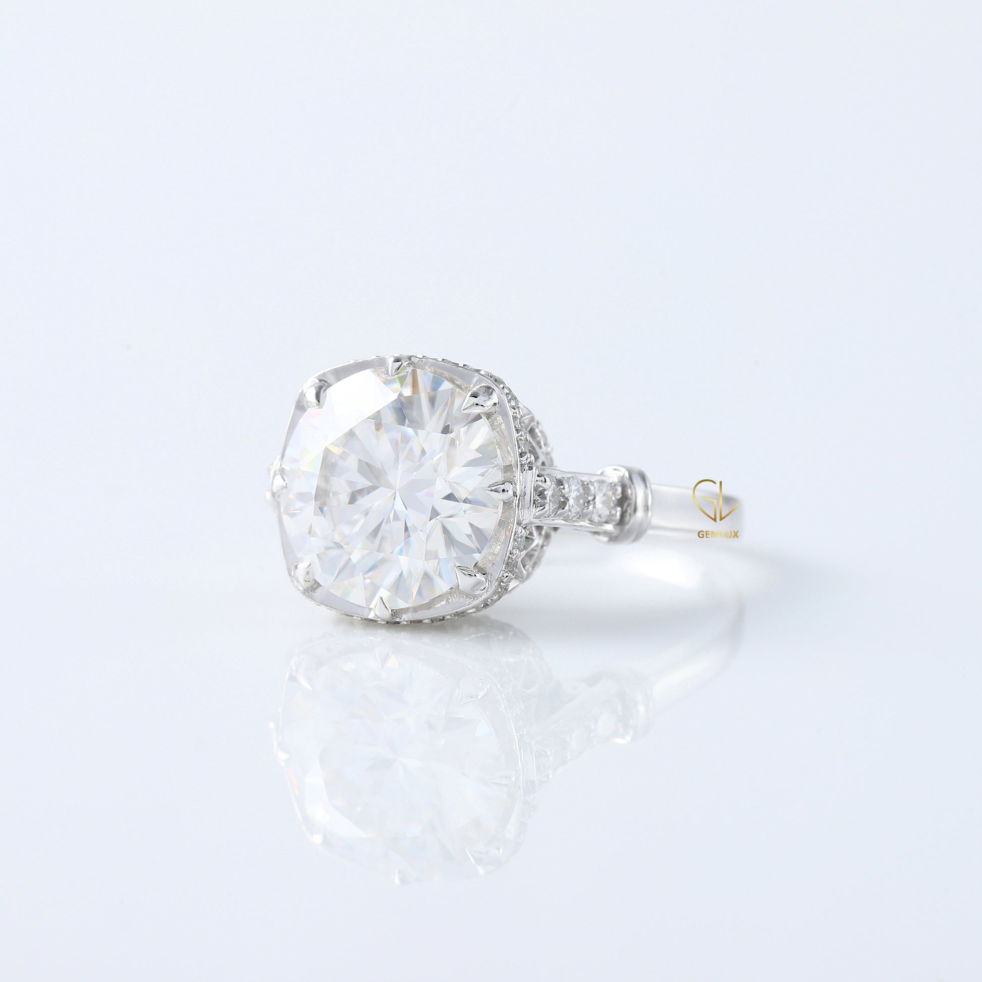 Art Deco Round Cut Moissanite Diamond Hidden Halo Engagement Ring