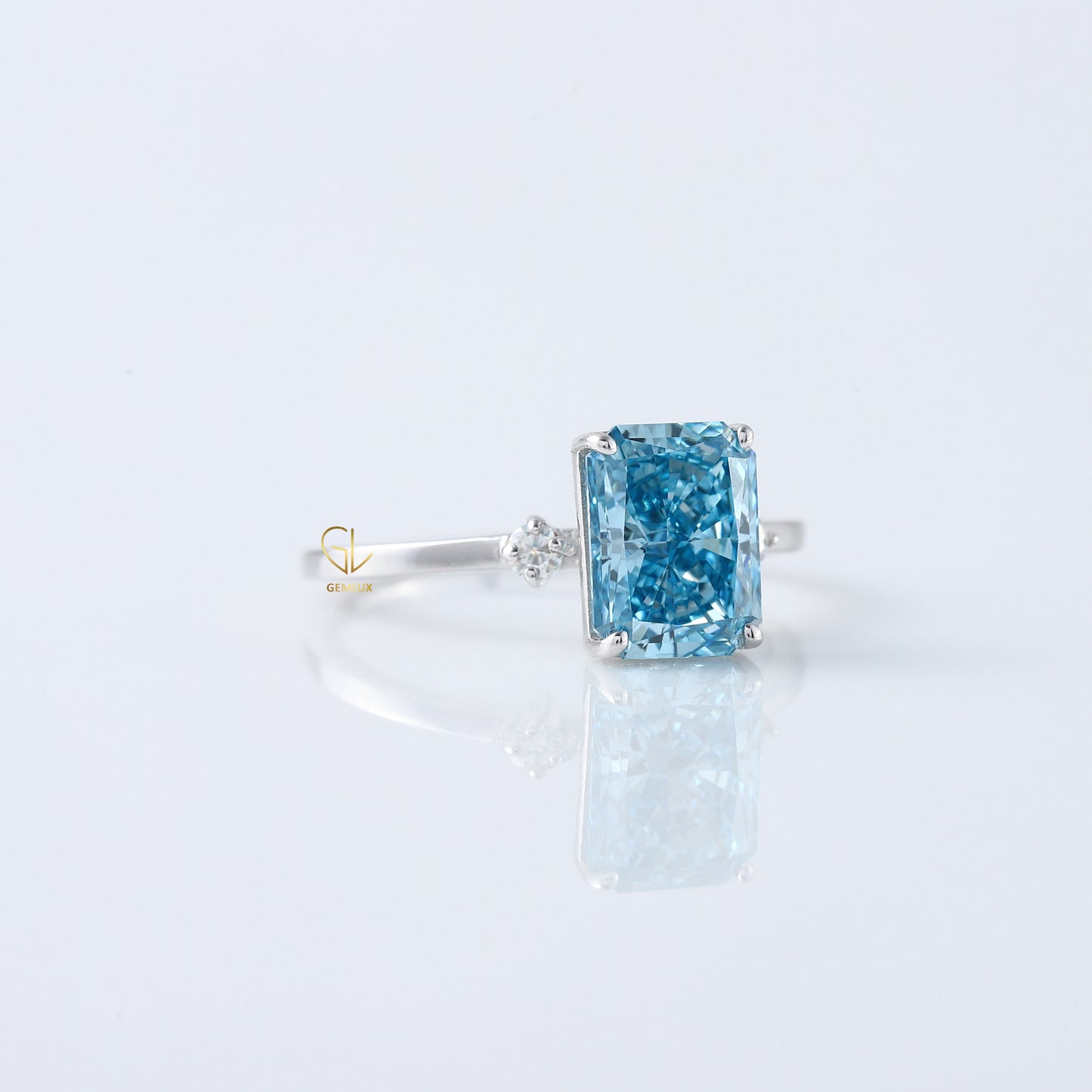 Blue Radiant Cut Lab Grown Diamond Three Stone Engagement Ring