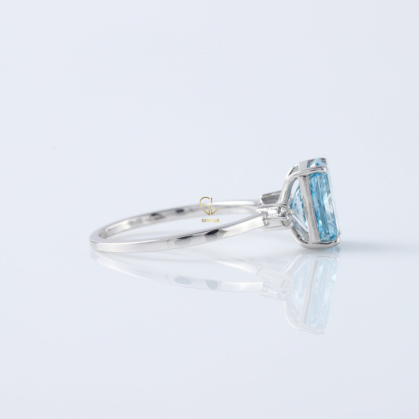 Blue Radiant Cut Lab Grown Diamond Three Stone Engagement Ring