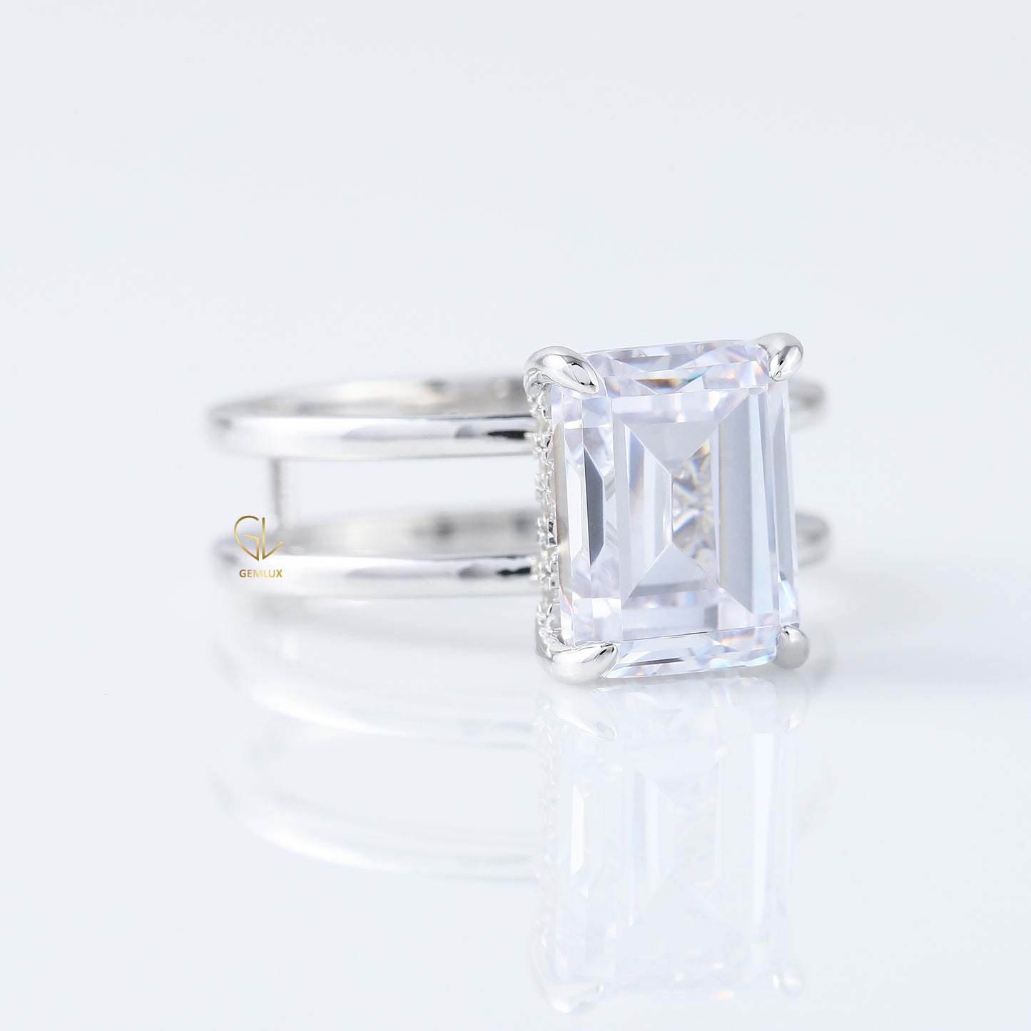 Emerald Cut Moissanite Double Band Solitaire Ring