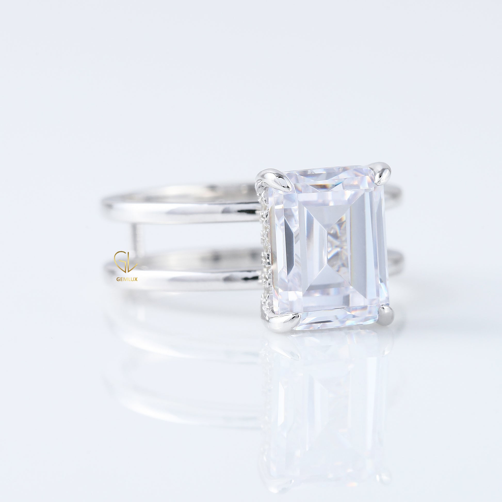 Emerald Cut Moissanite Double Band Solitaire Ring