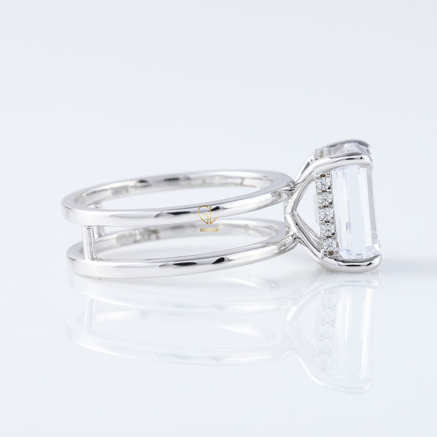 Emerald Cut Moissanite Double Band Solitaire Ring