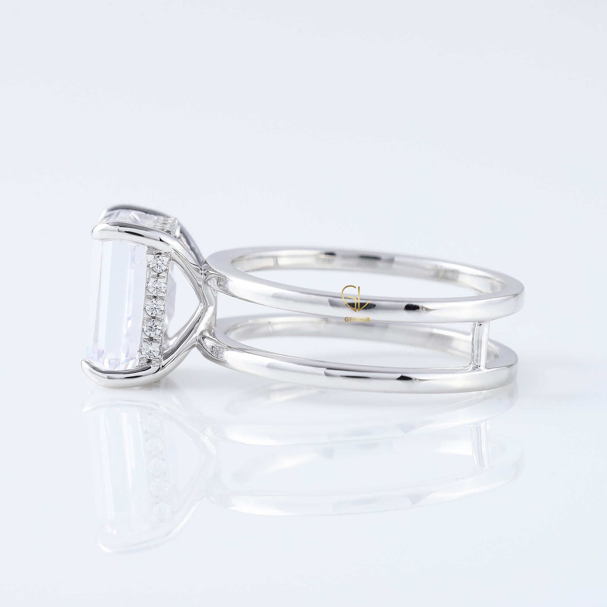 Emerald Cut Moissanite Double Band Solitaire Ring