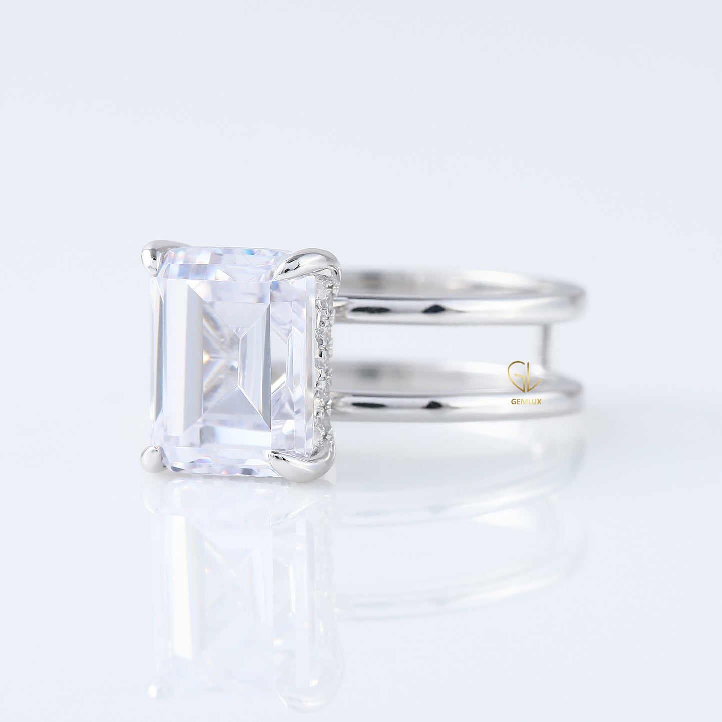 Emerald Cut Moissanite Double Band Solitaire Ring