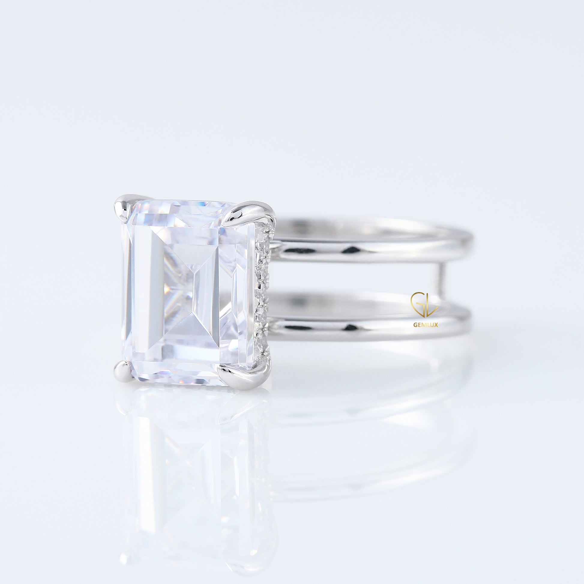 Emerald Cut Moissanite Double Band Solitaire Ring