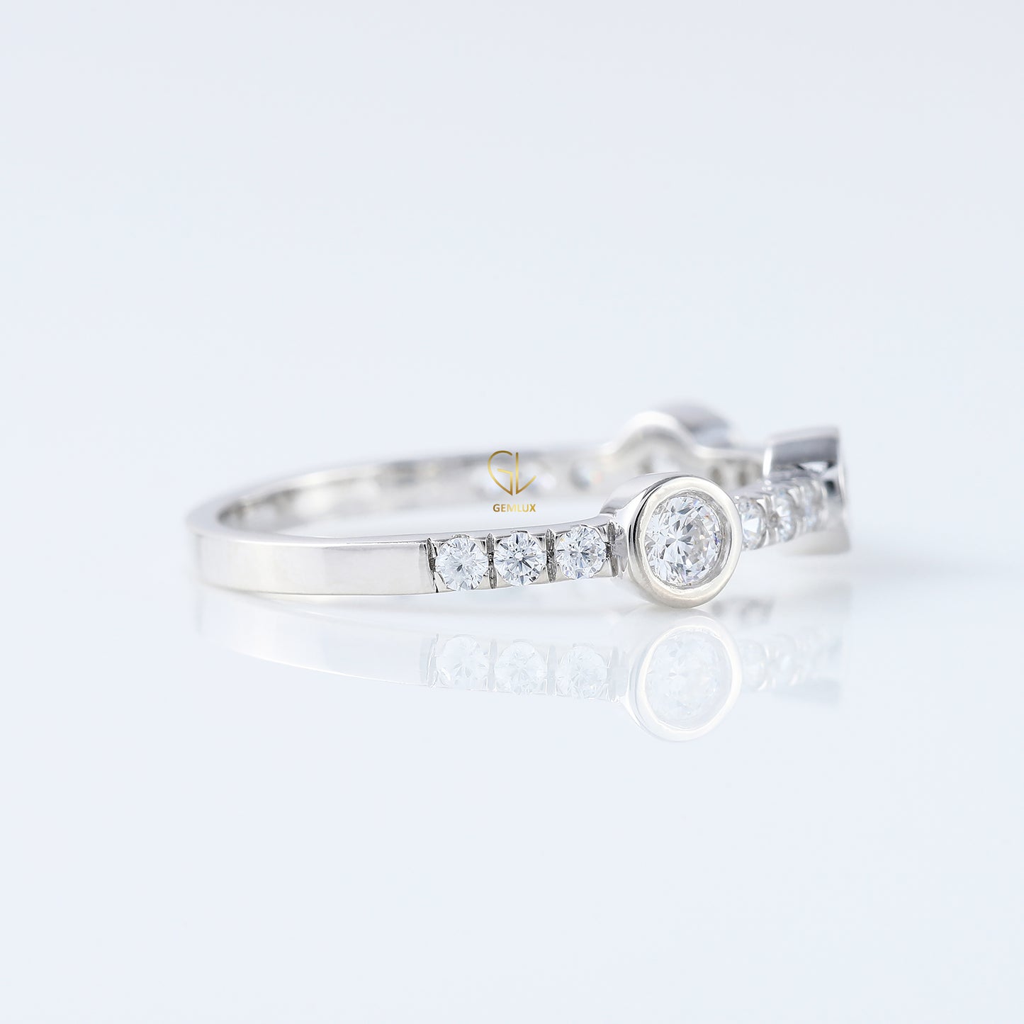 Bubble Style Three Stone Round Moissanite Bezel Set Eternity Band