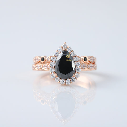 Pear Cut Black Moissanite Halo Engagement Ring With Matching Eternity Wedding Band Ring Set