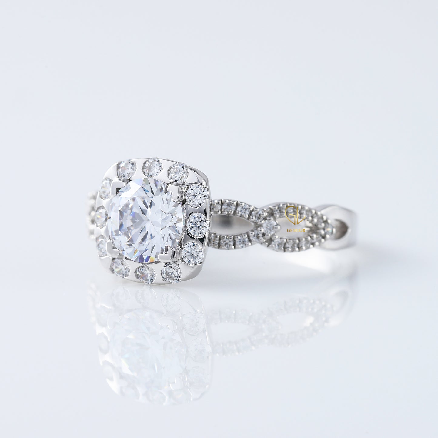 Twisted Round Moissanite Halo Infinity Shank Engagement Ring