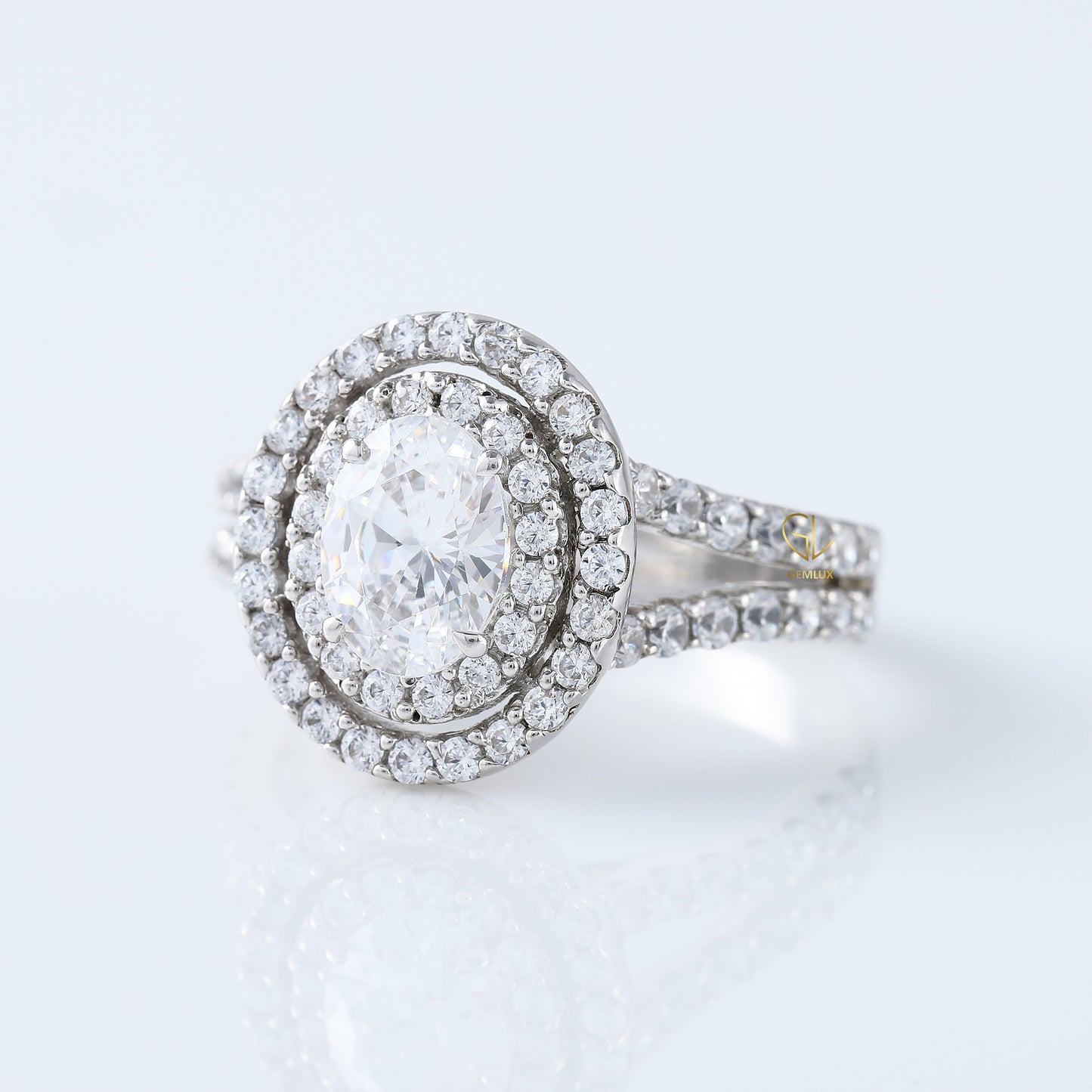 Split Shank 1 Ct Oval Cut Moissanite Double Halo Engagement Ring