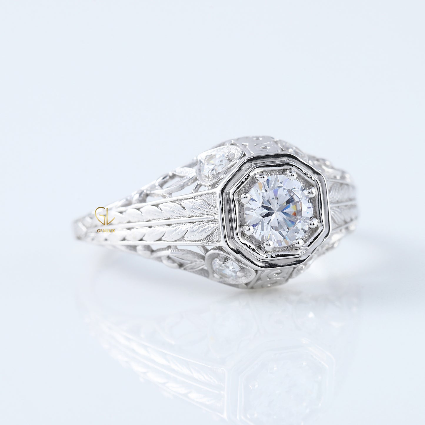 Edwardian Round Moissanite Filigree Vintage Inspired Ring