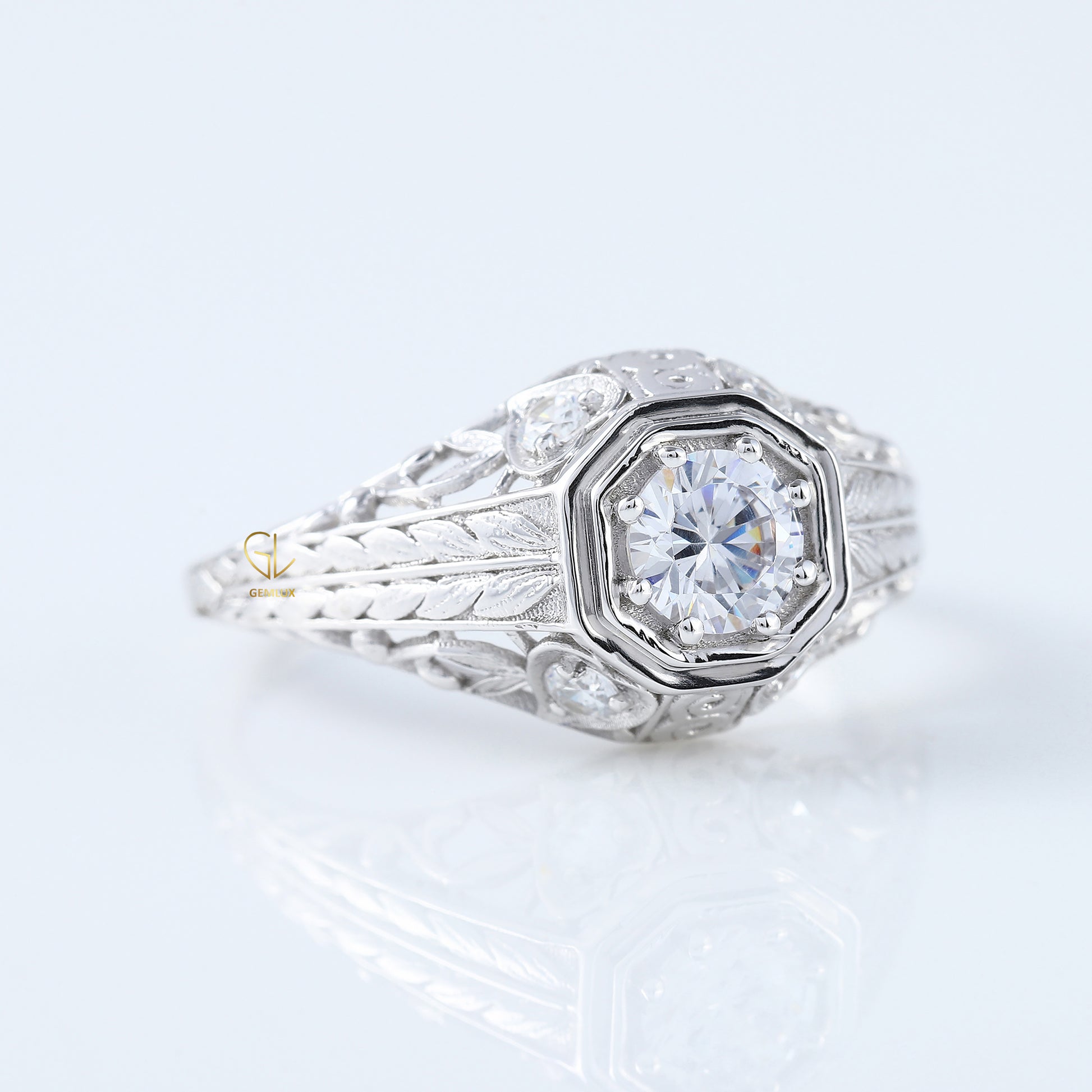 Edwardian Round Moissanite Filigree Vintage Inspired Ring