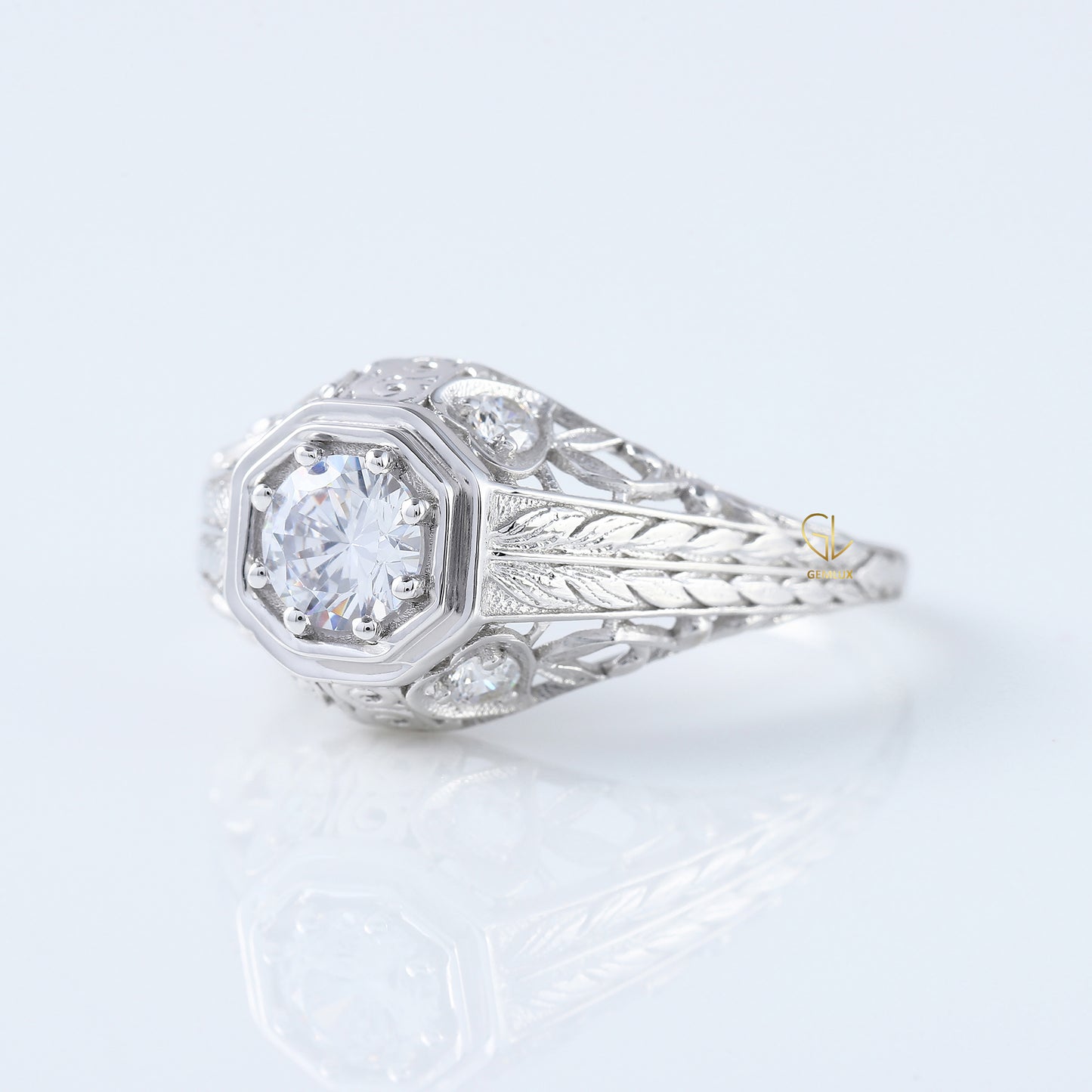 Edwardian Round Moissanite Filigree Vintage Inspired Ring