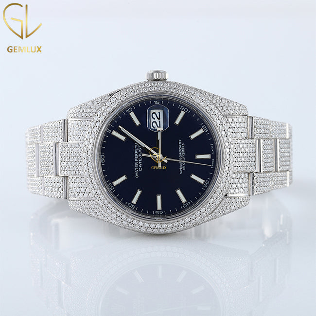Iced Out VVS Moissanite Diamond Blue Dial Auto Date Hiphop Watch