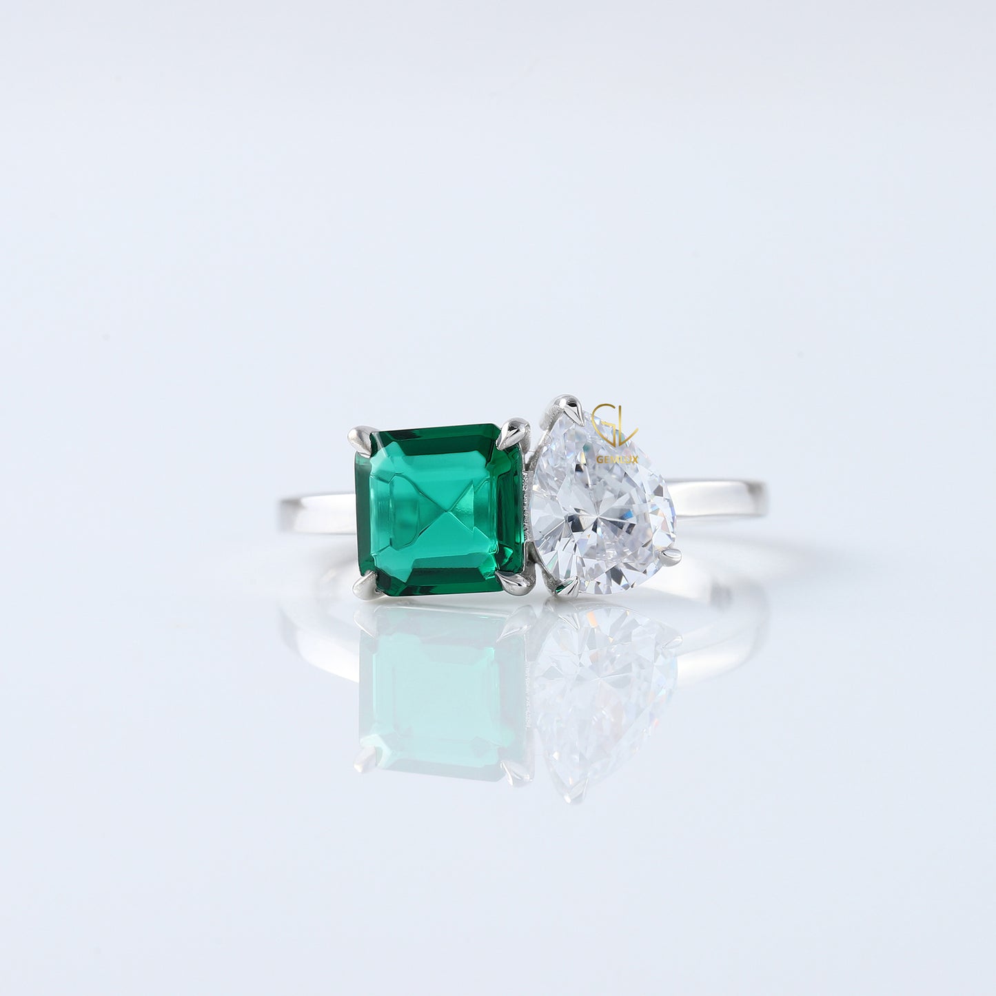 Asscher & Pear Cut Lab Grown Diamond Toi Et Moi Ring, Two Stone Engagement Ring