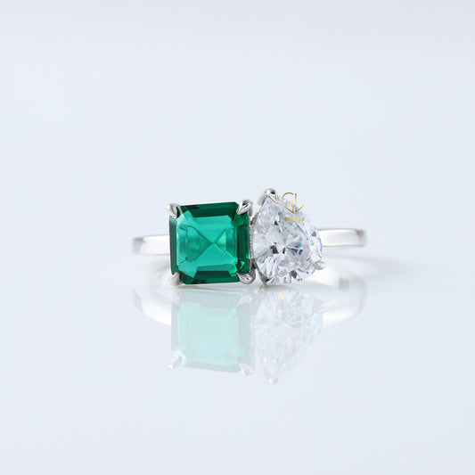 Asscher & Pear Cut Lab Grown Diamond Toi Et Moi Ring, Two Stone Engagement Ring