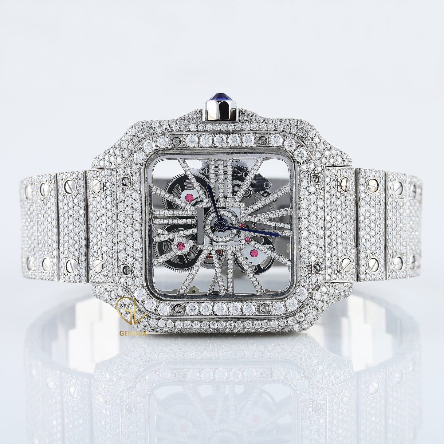 Square Skelton Dial Iced Out VVS Moissanite Diamond Wrist Watch